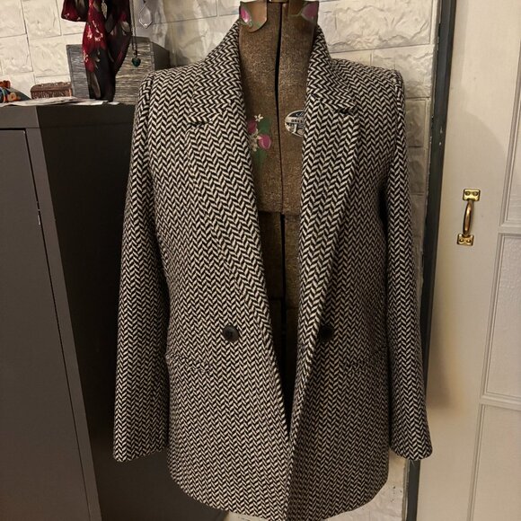 Anine Bing Diana Blazer – Italian Wool Blend in Gray & Black Fishbone- Size XS - Picture 1 of 8